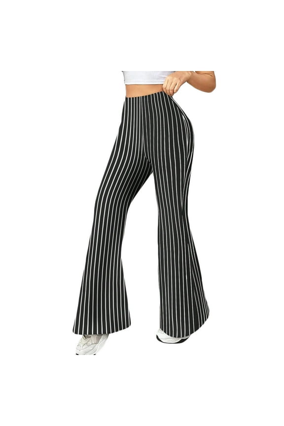 Flare Leggings for Women Elastic High Waisted Slim Fit Yoga Pant Vintage Striped Wide Leg Bell Bottom Pant Casual Fall Leggings Black S