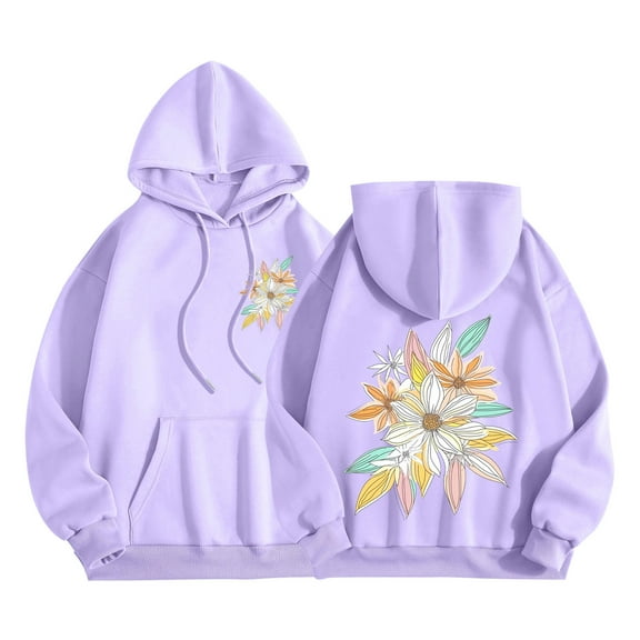 Olyvenn Floral Graphic Hoodies for Women Cute Long Sleeve Preppy Aesthetic Sweatshirts Fall Oversized Pullover Hooded Tops with Pockets Purple XXL