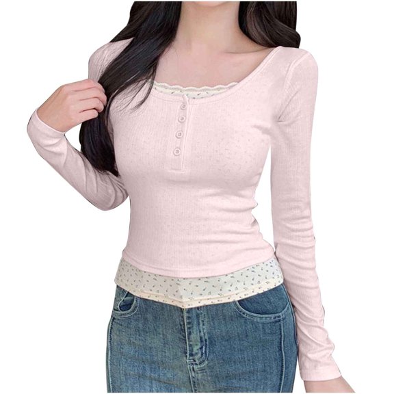 Olyvenn Floral Layered Shirts for Women Fit Scoop Neck Long Sleeve Crop Tops with Quarter Button Lace Trim Cute Y2k Pink S