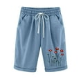 thumbnail image 1 of Olyvenn Floral Printed Linen Shorts for Women Summer Elastic Waist Casual Drawstring Lightweight Loose Knee Length Shorts Light Blue M, 1 of 2