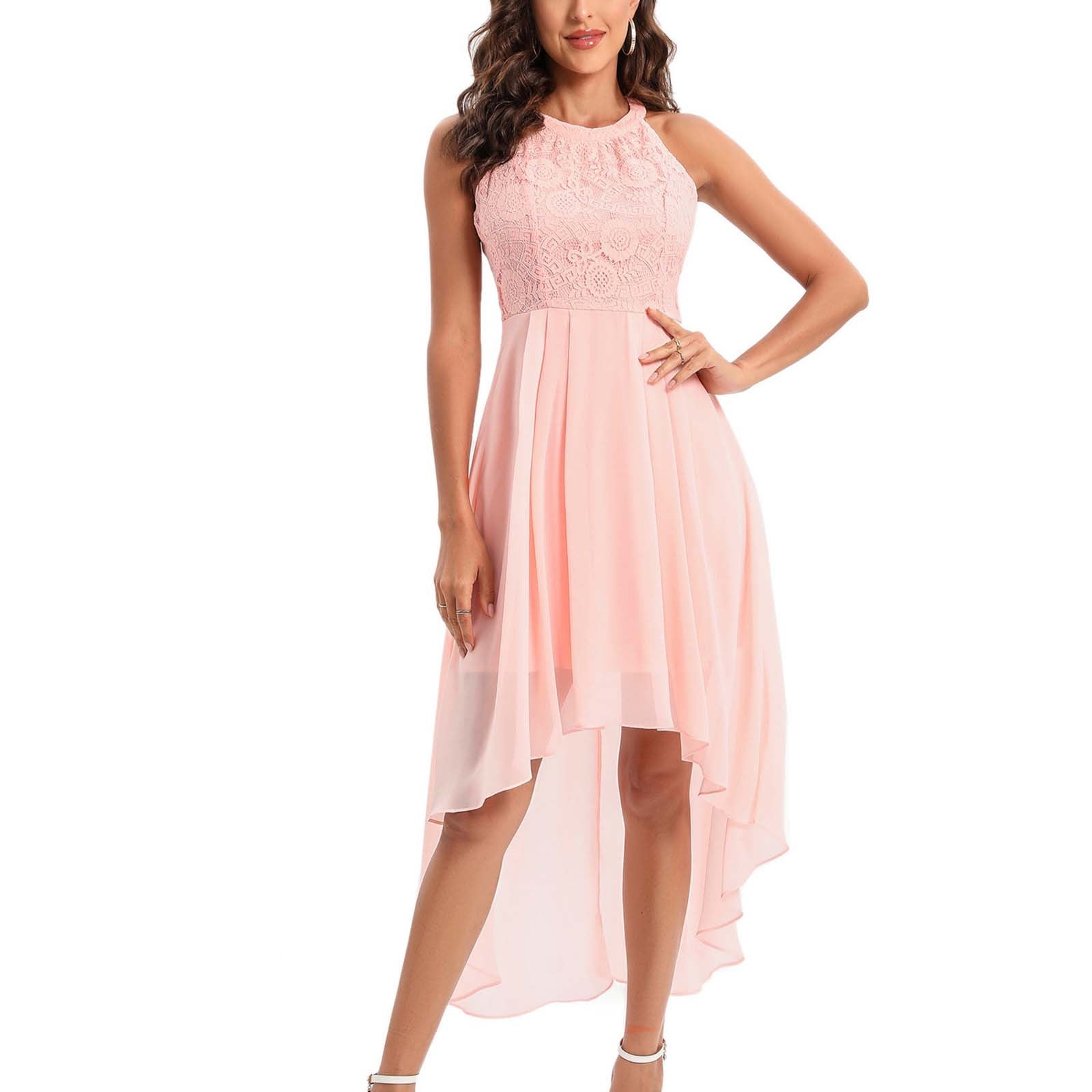 Olyvenn Formal Wedding Long Swing Dresses Lace High Low Bridesmaid Dresses Women s Floral Sleeveless Lace Splicing Crew Neck Female Outerwear Pink 12