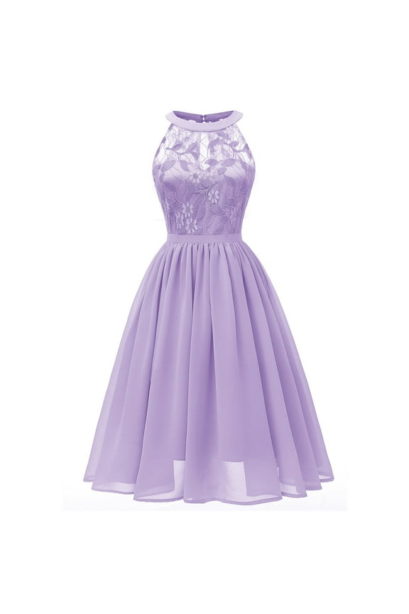 Formal Wedding Long Swing Dresses Lace High-Low Bridesmaid Dresses Women's Floral Sleeveless Lace Splicing Crew Neck Female Outerwear Purple 4