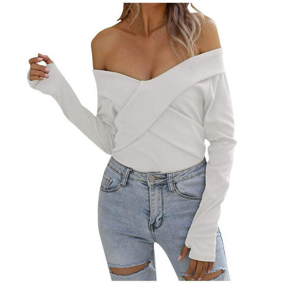 Olyvenn Front Wrap Off-the-Shoulder V-Neck Short Sweaters for Women Slim Fit Casual Womens Solid Color Fashion Ladies Sweaters Tops Long Sleeve Female Leisure White L
