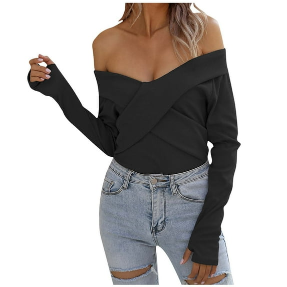 Olyvenn Front Wrap Off-the-Shoulder V-Neck Short Sweaters for Women Slim Fit Casual Womens Solid Color Fashion Ladies Sweaters Tops Long Sleeve Female Leisure Black L