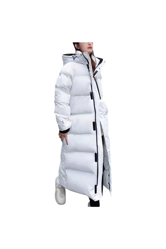 Full Length Down Jackets for Women Long Puffer Jackets Winter Down Coats Long Sleeves Quilted Hooded Warm Parka White M