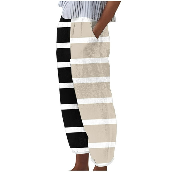 Olyvenn Full Length Sweatpants for Women Fashion Casual Color Block Printed Trousers Loose High Elastic Waist Gym Workout Pant Khaki 4-6