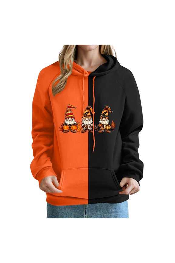 Funny Pumpkin Gnome Graphic Kangaroo Pocket Hoodie Women Pumpkin Thanksgiving Sweatshirts Color Block Fall Pullover Tops Orange XXXL
