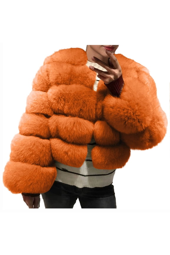 Fur Coats for Women Warm Winter Jackets Fuzzy Fleece Cropped Jacket Faux Fluffy Jacket Thick Coats Fashion Outerwear Orange S