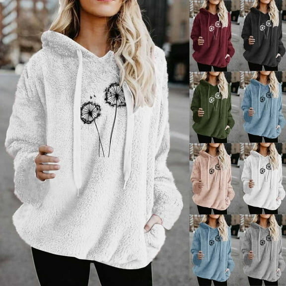 Olyvenn Fuzzy Winter Hoodies for Women Long Sleeve Plush Fleece Pullover Flower Print Funny Sweatshirt Festival Tops Army Green XXXL