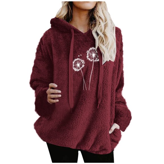 Olyvenn Fuzzy Winter Hoodies for Women Long Sleeve Plush Fleece Pullover Flower Print Funny Sweatshirt Festival Tops Wine XL