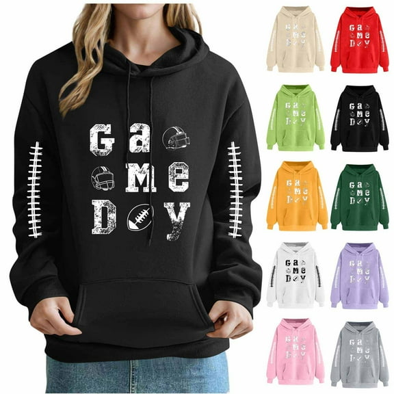 Olyvenn Game Day Hooded Sweatshirt for Women Funny Football Graphic Shirt Football Season Waffle Knit Pullover Hoodies Army Green XXL