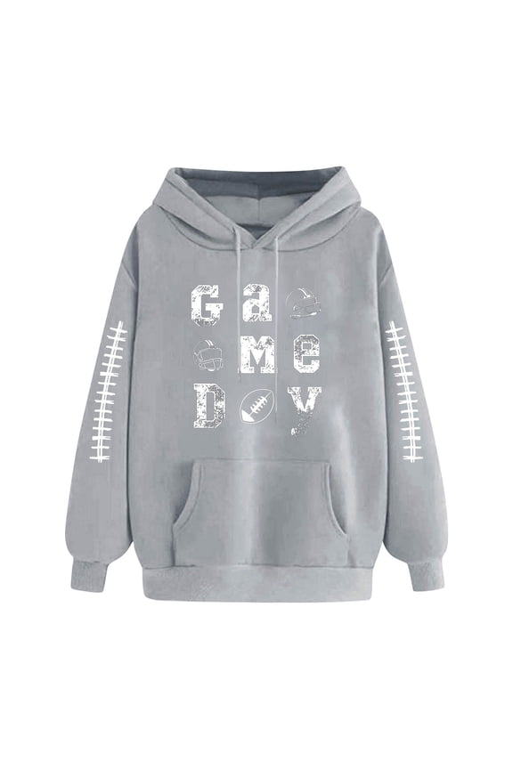 Game Day Hooded Sweatshirt for Women Funny Football Graphic Shirt Football Season Waffle Knit Pullover Hoodies Gray XL