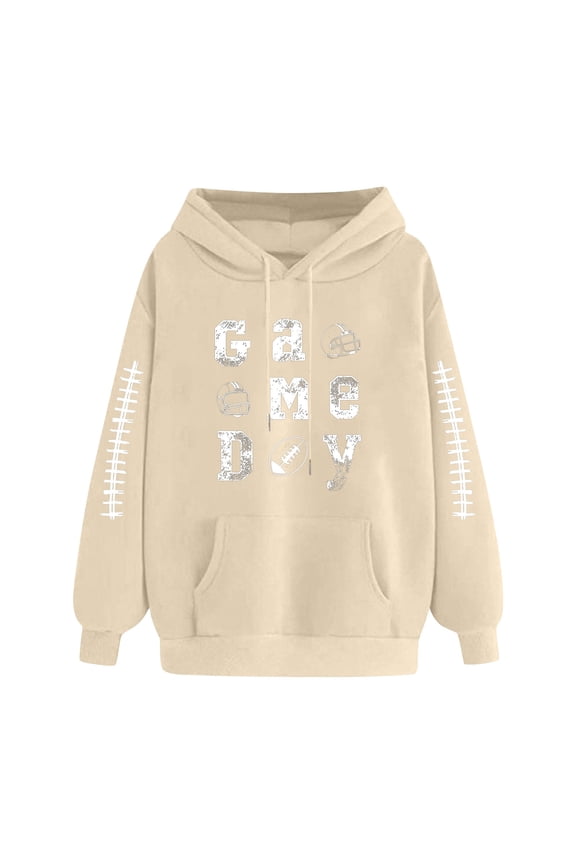 Game Day Hooded Sweatshirt for Women Funny Football Graphic Shirt Football Season Waffle Knit Pullover Hoodies Khaki S