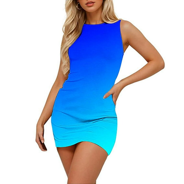Smihono Olyvenn Get It Today Women Summer Gradient Color Bodycon Dress Sleeveless O Neck Mini Dress Slim Fit Dresses Sky Blue 8 Women s Size Large