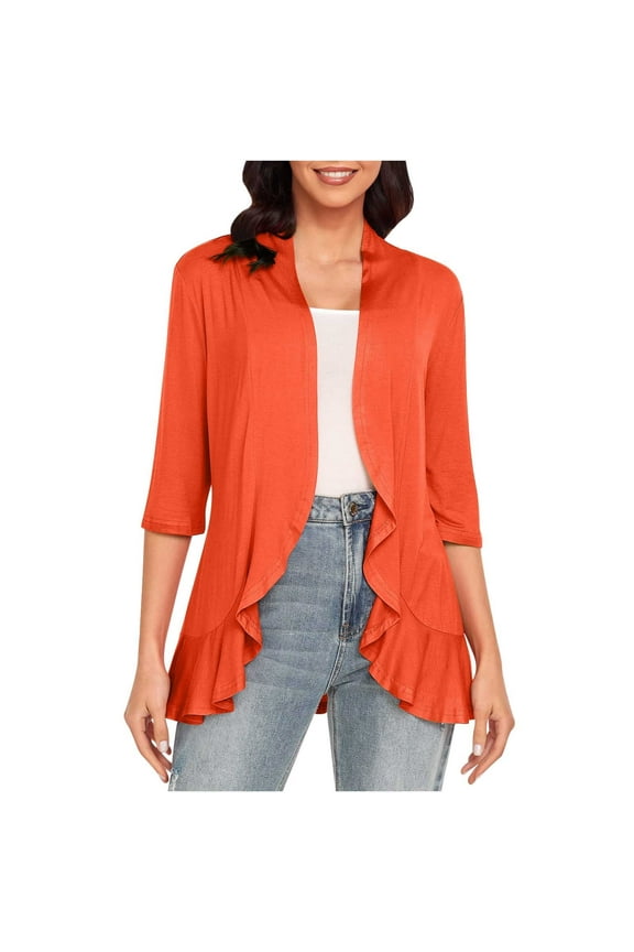 Get it today Women's Summer Ruffle Open Front 3/4 Sleeve Lightweight Drape Cardigan Sweater with Pockets Orange 10