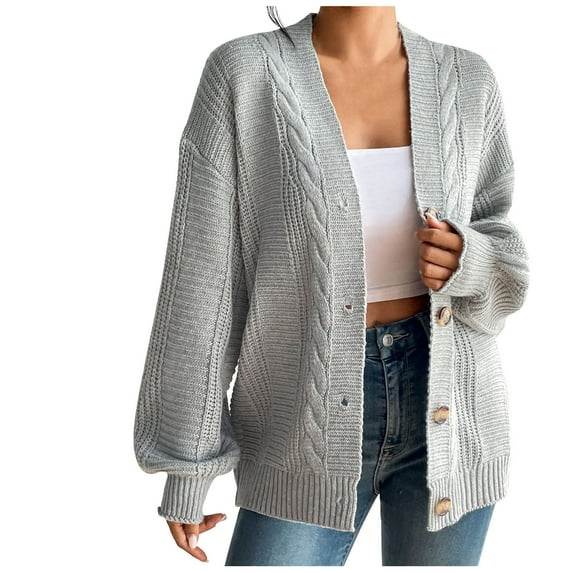 Olyvenn Get it today Women's Long Sleeve Chunky Cable Knitted Cardigan Sweater Coat with Pockets Knitted Cardigan Sweater for Women Trendy 2024 Gray 4