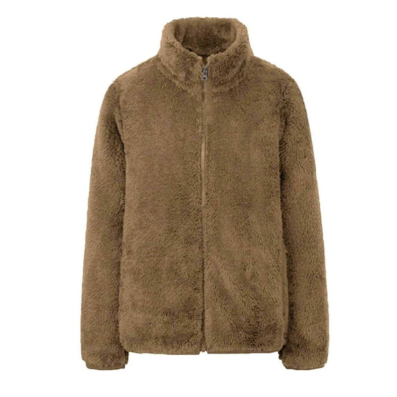 Olyvenn Get it today Women's Winter Warm Fuzzy Fleece Zip Up Outwear Stand Collar Fluffy Soft Plush Coat Thickening Oversized Black Jacket Pockets Khaki 16