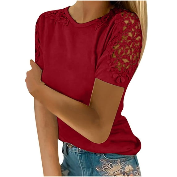Olyvenn Girls Tunic Patchwork Lace T-Shirts Spring Vintage Solid Color Basic Tees Lace Cutout Short Sleeve Crew Neck Summer Tops Holiday Relaxed Slim Fit Flowy Casual Shirts Women Red 6