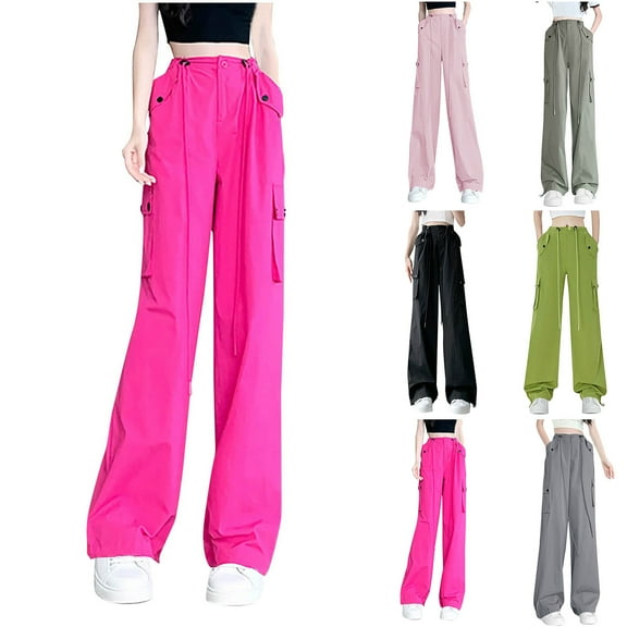 Olyvenn Girls & Women's Parachute Pants Elastic High Waist Wide Leg Drawstring Y2K Cargo Trousers with Pockets Green M