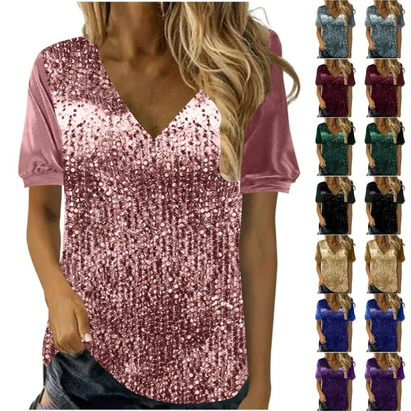 Olyvenn Glitter Sequin Tops for Women Velvet Short Sleeve Shirts V-Neck Sparkly Blouses Dressy Casual Evening Party Clubwear Pink L