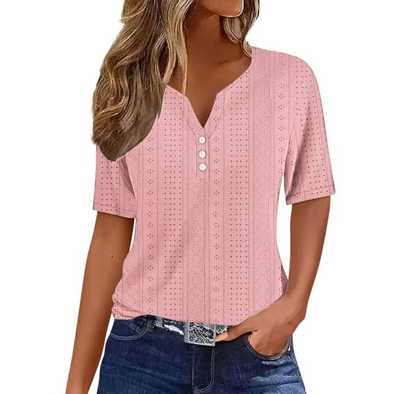 Olyvenn Going Out Tops for Women 2025 Summer Shirts Short Sleeve Eyelet T Shirt Notch V Neck Tunic Blouse Loose Fit Tunic Top Pink 8