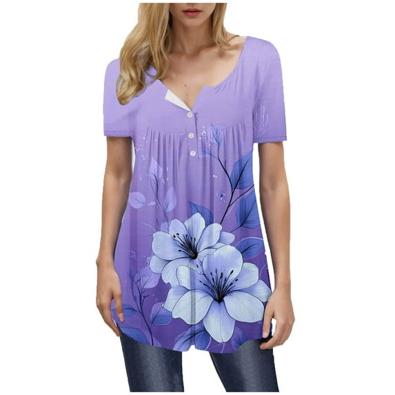 Olyvenn Going Out Tops for Women Oversized Tshirts Shirts for Women Womens Tops Blouse Fashion Printed Round Neck Short Sleeve Multicolor S