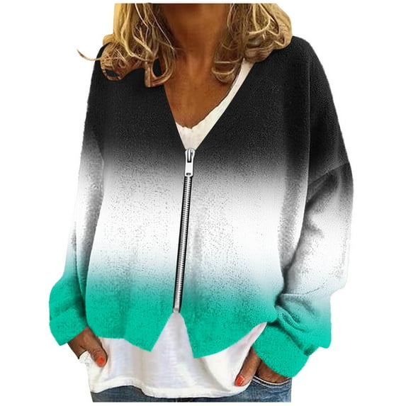 Olyvenn Gradient Color Block Women's V-Neck Long Sleeve Fleece Cardigan - Fashion Printed, Warm Zip-Up Jacke for Daily Wear Green S