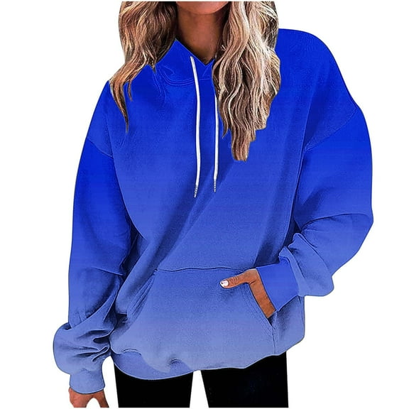 Olyvenn Gradient Color Sweatshirt for Women Long Sleeve Loose Fit Hoodie with Pocket Fall Casual Fashion Drawstring Clothes Dark Blue L