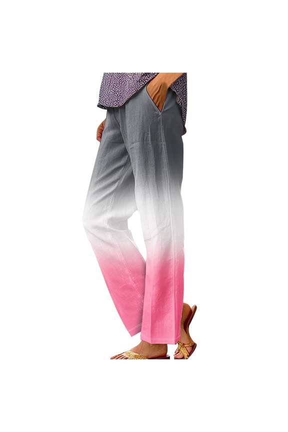 Gradient Cotton Linen Pants Women Summer Elastic Waist Crop Pants Plus Size Straight Leg Slack Casual Trouser with Pocket Pink XXXXL
