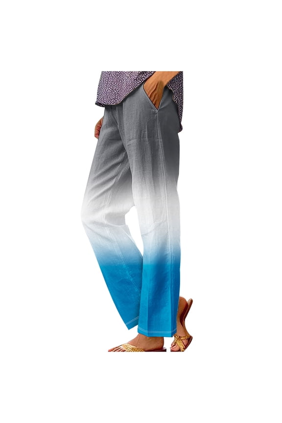 Gradient Cotton Linen Pants Women Summer Elastic Waist Crop Pants Plus Size Straight Leg Slack Casual Trouser with Pocket Sky Blue XL