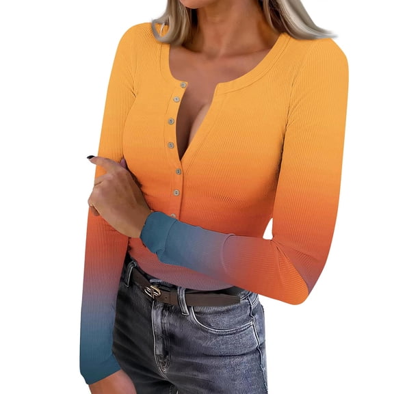 Olyvenn Gradient Going Out Tops for Women Henley Long Sleeve Shirts Square Neck Stretch Button Down Ribbed Knit Tshirts Soft Outfits Orange M