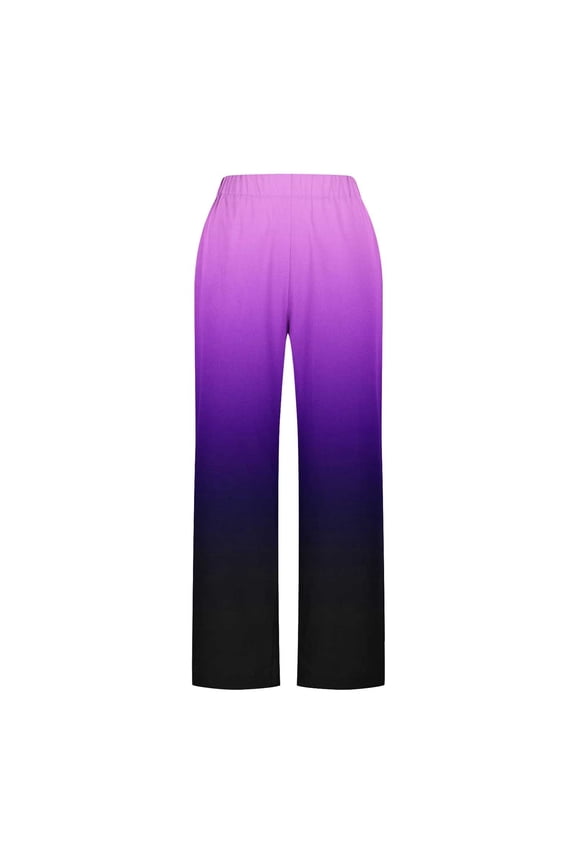 Gradient Linen Pants for Women Summer Elastic Waist Straight Leg Plus Size Crop Button Casual Beach Trousers with Pockets Purple XXL