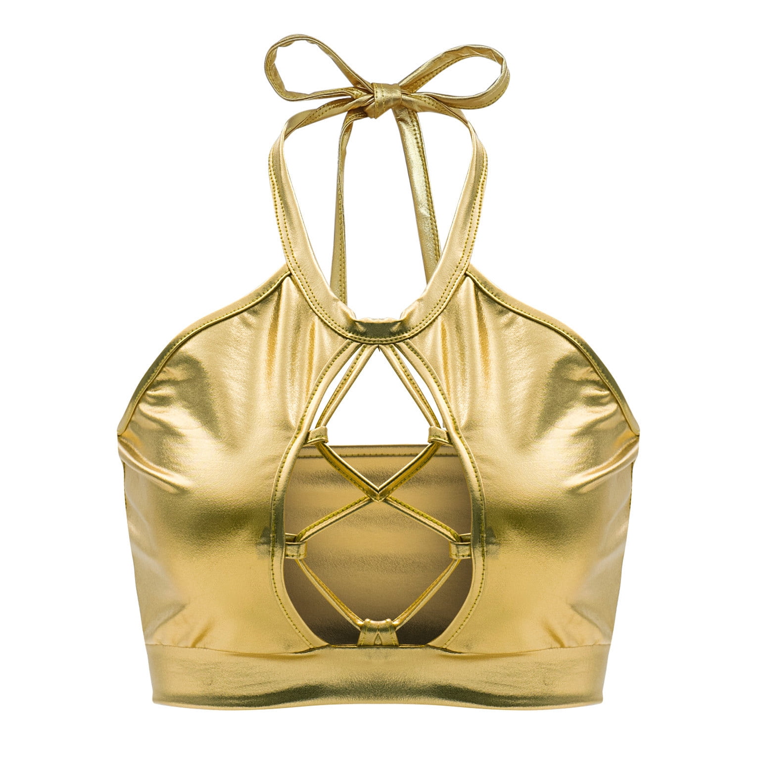 Tops For Raves Olyvenn Halter Metallic Crop Top Shiny Keyhole Bra for Dancing, Raves ...