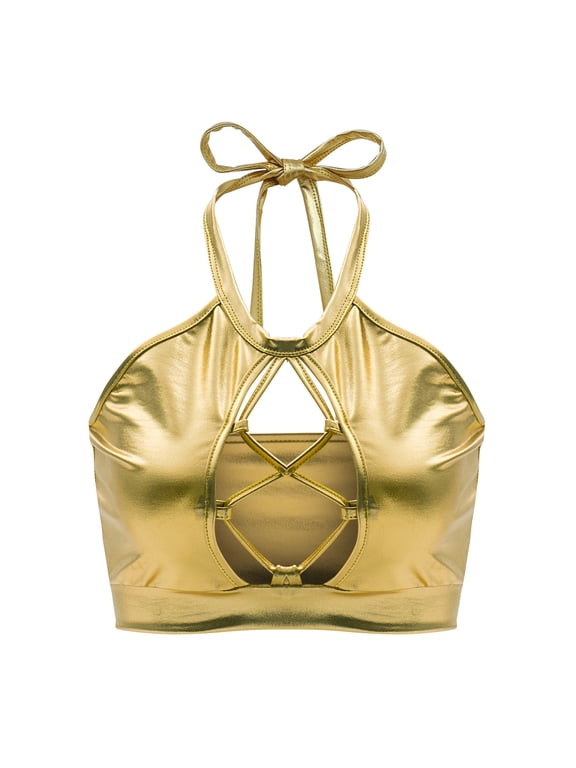 Halter Metallic Crop Top Shiny Keyhole Bra for Dancing, Raves, Festivals, Costumes Hollow Out Backless Disco Halter Top Gold S