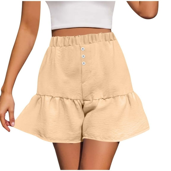 Olyvenn High Waist Wide Leg Ruffle Shorts for Women Trendy Loose Beach Baggy Short Pants with Pocket Bermuda-Shorts Beige S