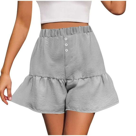 Olyvenn High Waist Wide Leg Ruffle Shorts for Women Trendy Loose Beach Baggy Short Pants with Pocket Bermuda-Shorts Gray M