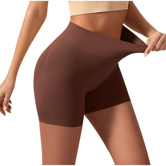 Olyvenn High Waisted Biker Gym Shorts for Women Seamless Ribbed Tummy Control Workout Yoga Running Athletic Tights Pants Coffee XXL