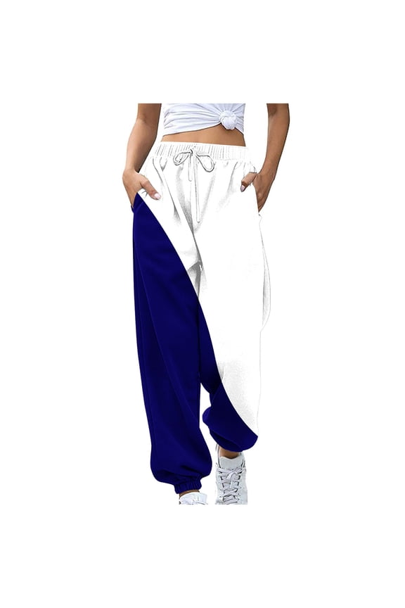 High Waisted Sweatpants for Women Baggy Cinch Bottom Jogger Color Block Casual Pants Casual Baggy Fleece Warm Lounge Trousers Navy S
