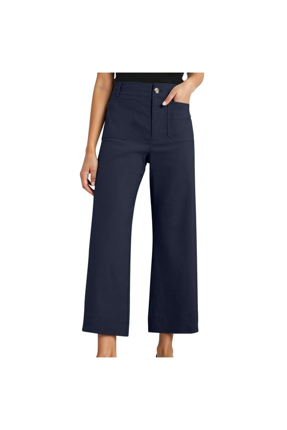 High Waisted Wide Leg Pants for Women Chino Business Casual Work Office Fashion Cropped Pant Trousers with Pockets Navy S