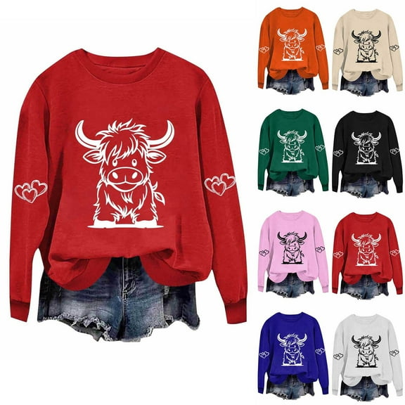 Olyvenn Highland Cow Shirts for Women Cute Funny Graphic Western Cowgirl Sweatshirts Long Sleeve Country Pullover Tops Loose Army Green L