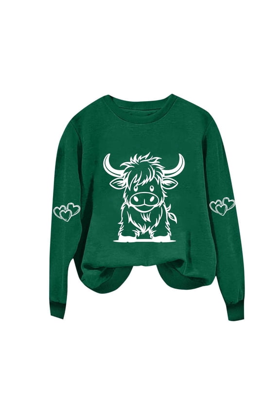 Highland Cow Shirts for Women Cute Funny Graphic Western Cowgirl Sweatshirts Long Sleeve Country Pullover Tops Loose Army Green M