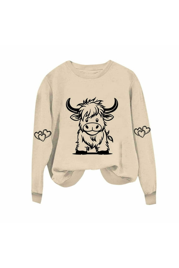 Highland Cow Shirts for Women Cute Funny Graphic Western Cowgirl Sweatshirts Long Sleeve Country Pullover Tops Loose Khaki XL