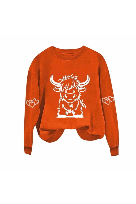 Highland Cow Shirts for Women Cute Funny Graphic Western Cowgirl Sweatshirts Long Sleeve Country Pullover Tops Loose Orange S