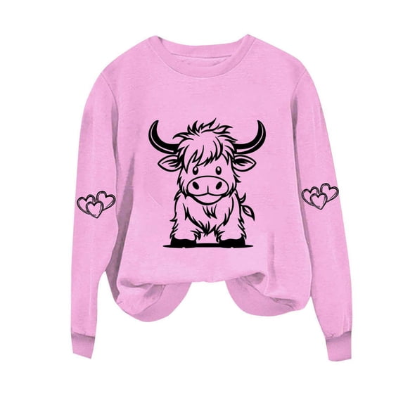 Olyvenn Highland Cow Shirts for Women Cute Funny Graphic Western Cowgirl Sweatshirts Long Sleeve Country Pullover Tops Loose Pink M