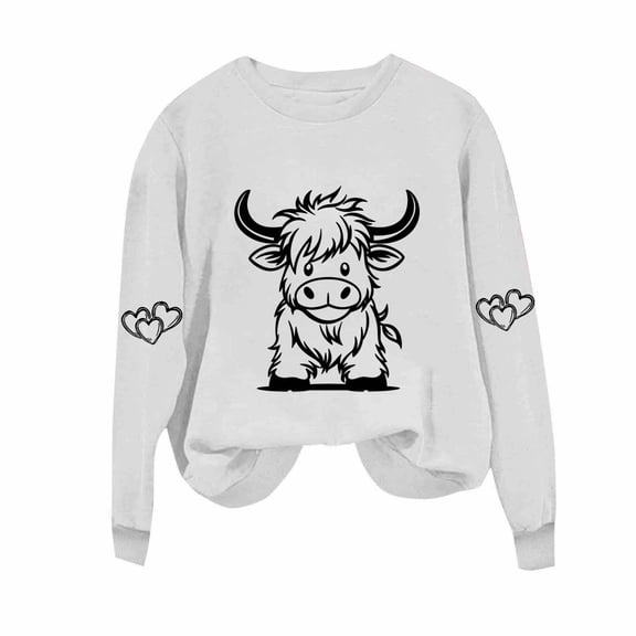 Olyvenn Highland Cow Shirts for Women Cute Funny Graphic Western Cowgirl Sweatshirts Long Sleeve Country Pullover Tops Loose White L