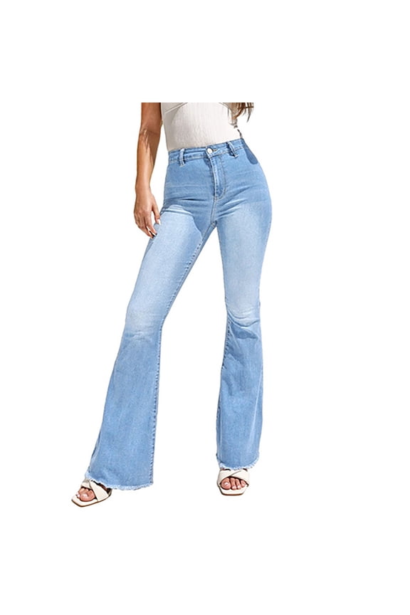 Hole Flare Pants Denim Jeans Women's Plus Skinny Slim Fit Female Casual Outwear Women Mid Waisted Pocket Stretch Button Trousers for 2022 Women Tops Light Blue 6