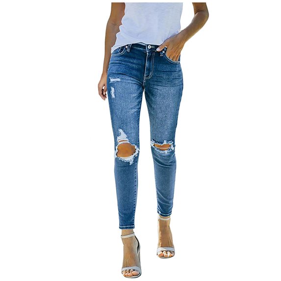 Olyvenn Hole Flare Pants Denim Jeans Women's Plus Skinny Slim Fit Female Casual Outwear Women Mid Waisted Pocket Stretch Button Trousers for 2022 Women Tops Blue 6