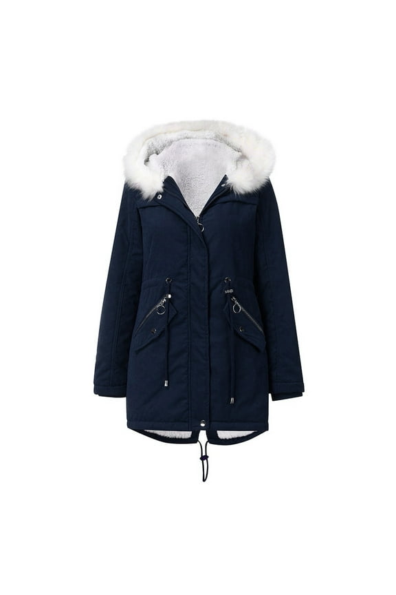 Hooded Solid Warm Long Parkas Coat Hoodies Faux Collar 2022 Women's Plus Long Sleeve Jacket Slim Winter Coats Female Outerwear Dark Blue M