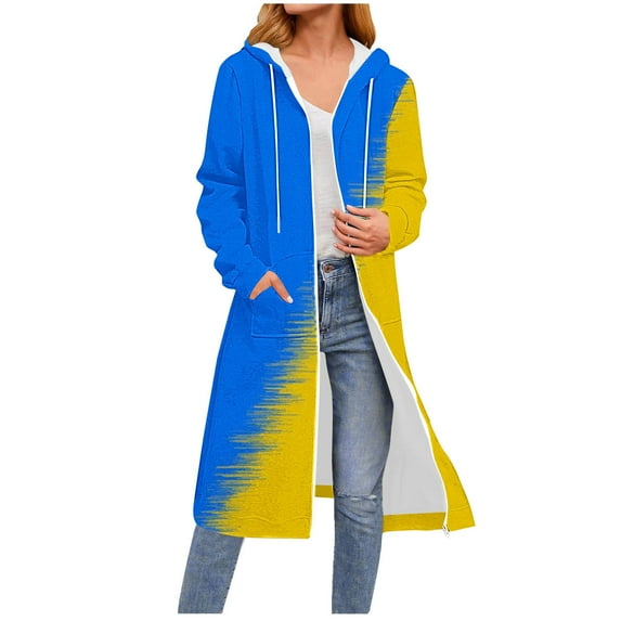 Olyvenn Hoodies for Women Color Block Zip Zipper Up Pocket Drawstring Ladies Pullover Fall Hooded Sweatshirts Top Casual Blue S