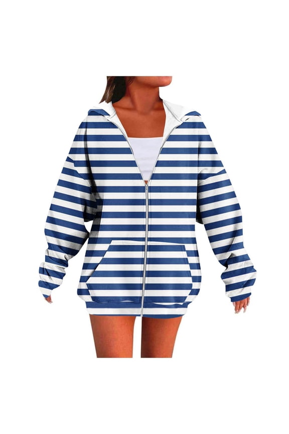 Hoodies for Women Long Sleeve Lightweight Hooded Zip Up Jacket Fashion Striped Fall Sweatshirt with Pockets 2025 Navy XL